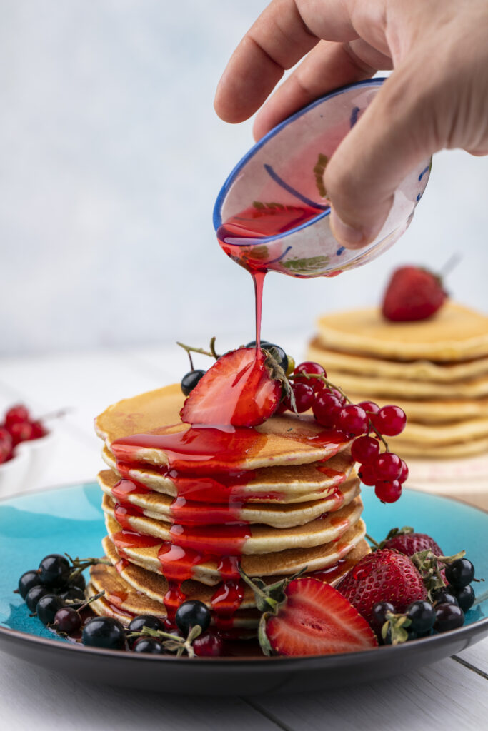 Strawberry pie topping pancakes